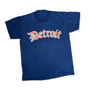 Vintage 80s Detroit Spellout Single Stitch T-Shirt Navy Blue Old English Script